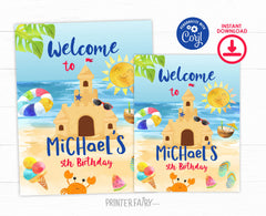 Beach Birthday Party Welcome Sign Editable Template INSTANT DOWNLOAD