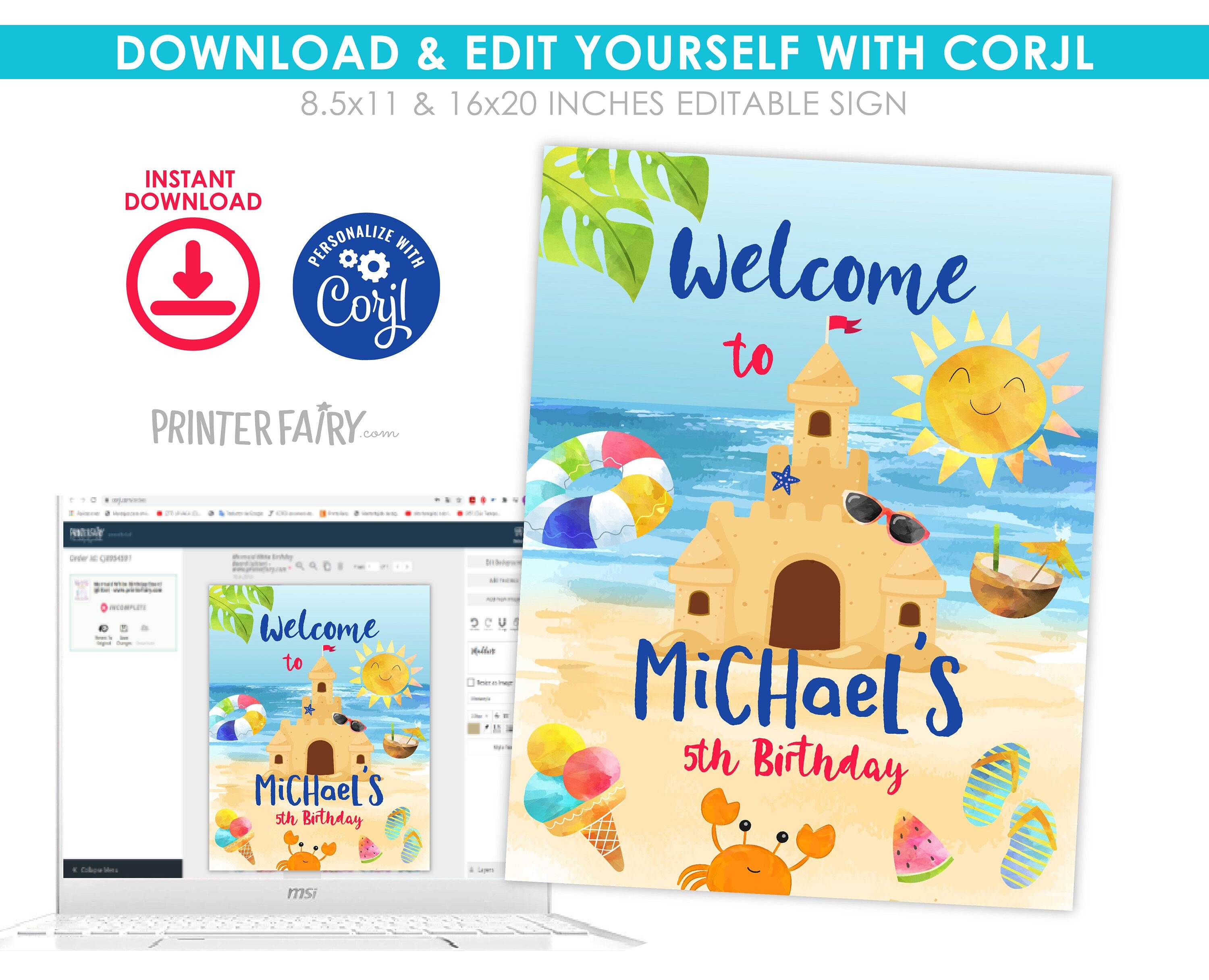 Beach Birthday Party Welcome Sign Editable Template INSTANT DOWNLOAD