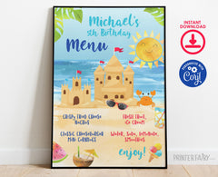 Beach Sand Castle Birthday Party Editable Menu Template, INSTANT DOWNLOAD