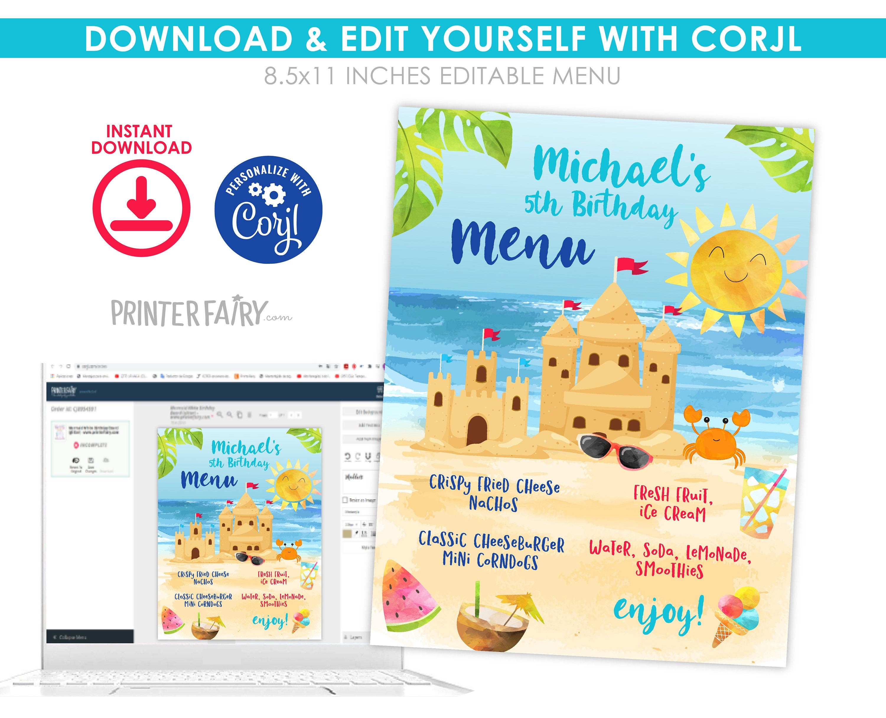 Beach Sand Castle Birthday Party Editable Menu Template, INSTANT DOWNLOAD