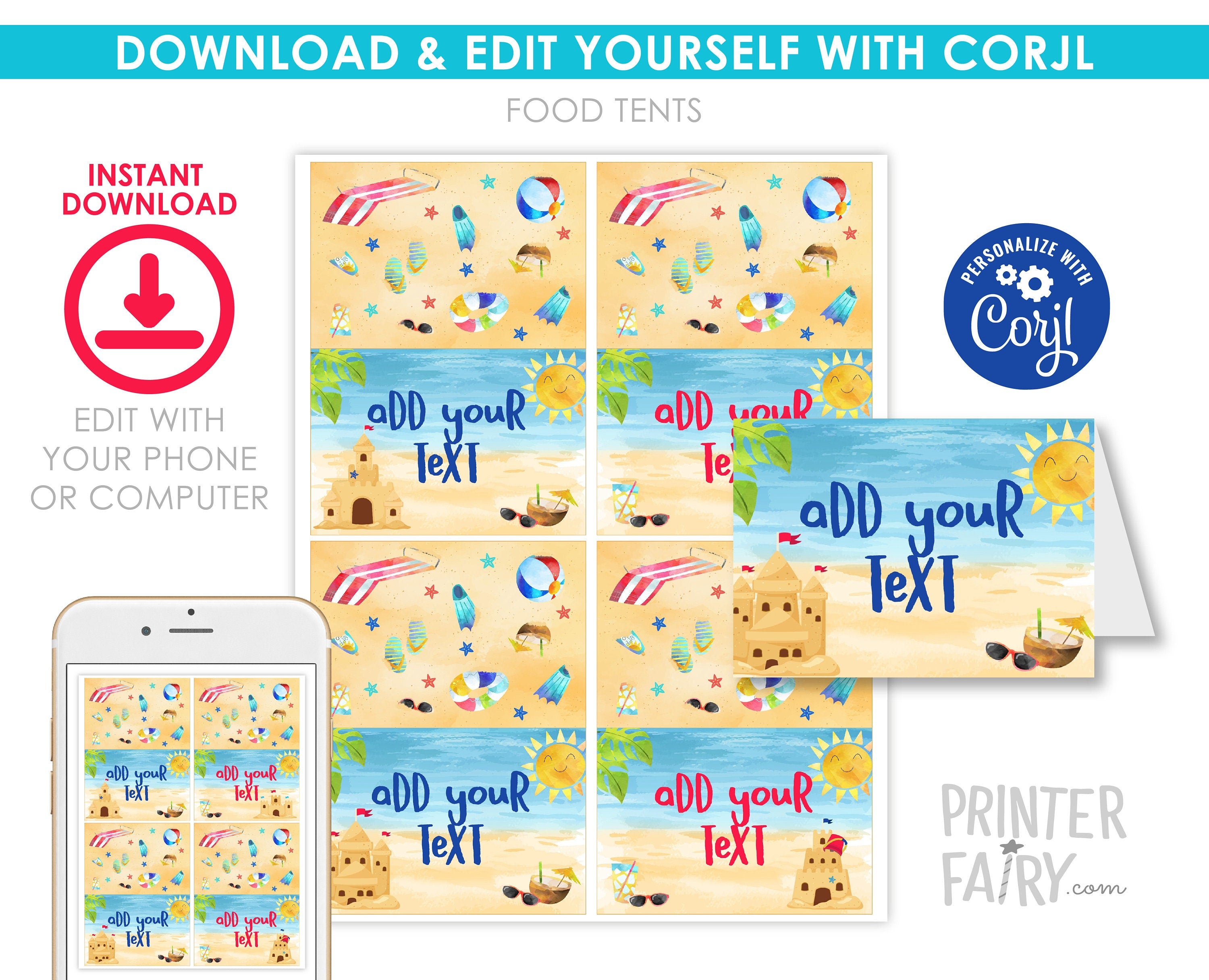 Beach Sand Castle Birthday Party Food Tents Editable Template, INSTANT DOWNLOAD