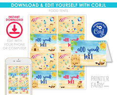 Beach Sand Castle Birthday Party Food Tents Editable Template, INSTANT DOWNLOAD