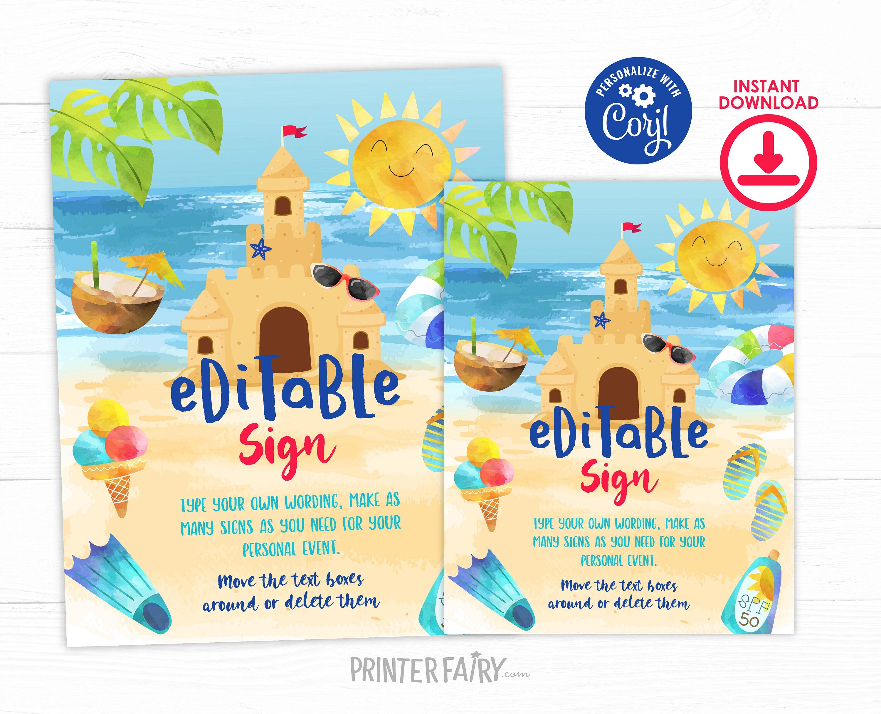 Beach Sand Castle Birthday Party Editable Sign Template, INSTANT DOWNLOAD