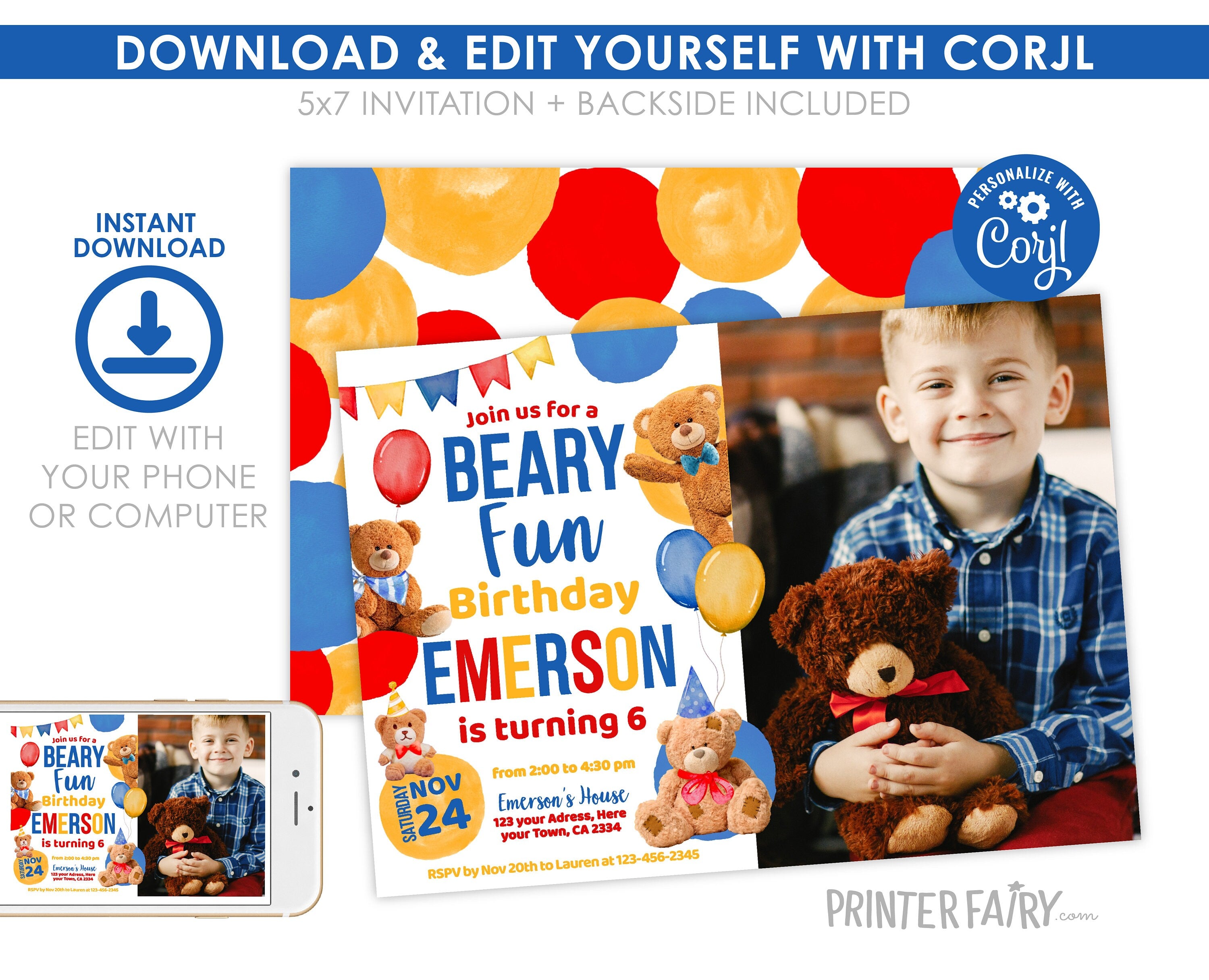 Teddy Bear Photo Birthday Invitation, Editable Printable