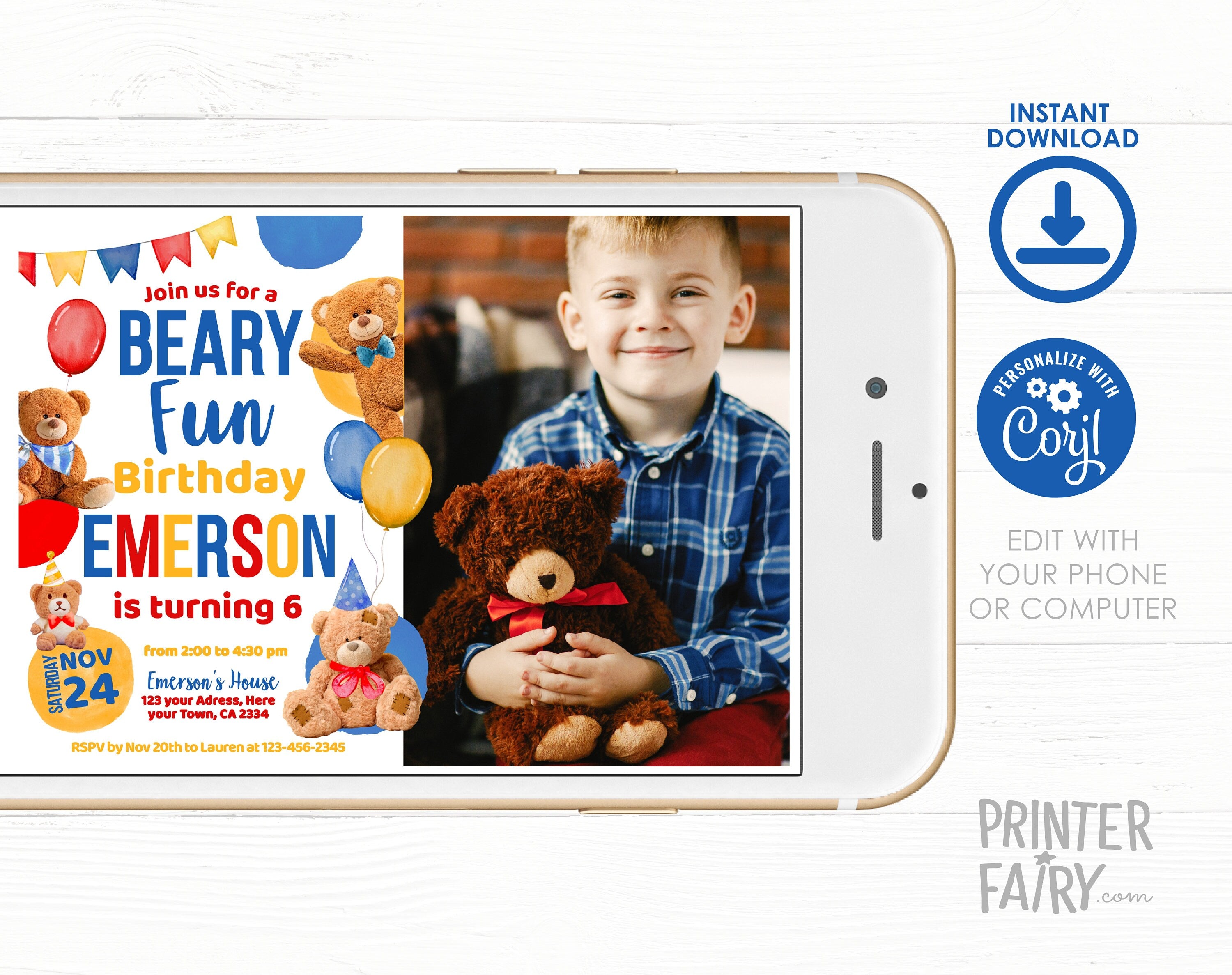Teddy Bear Photo Birthday Invitation, Editable Printable