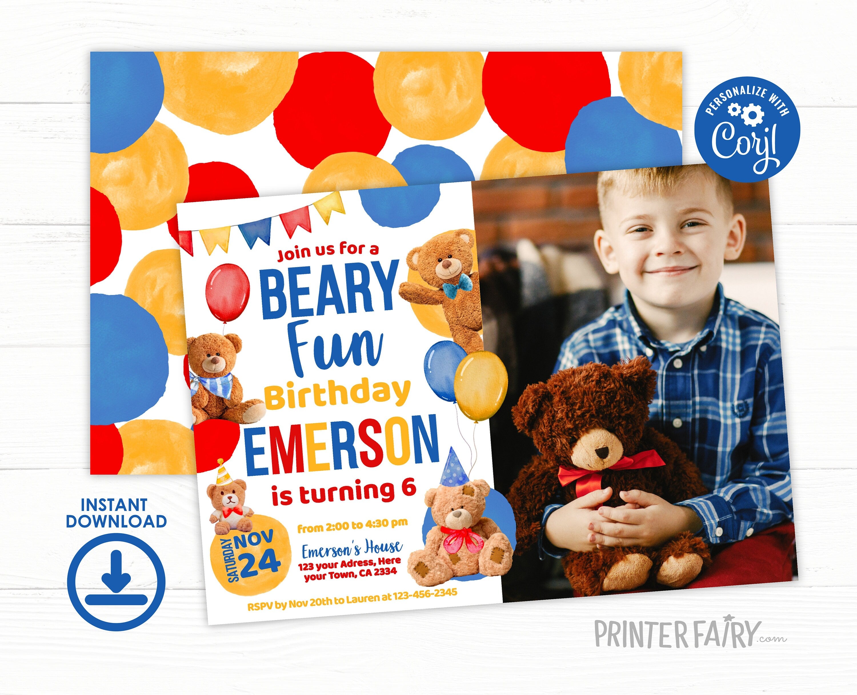 Teddy Bear Photo Birthday Invitation, Editable Printable