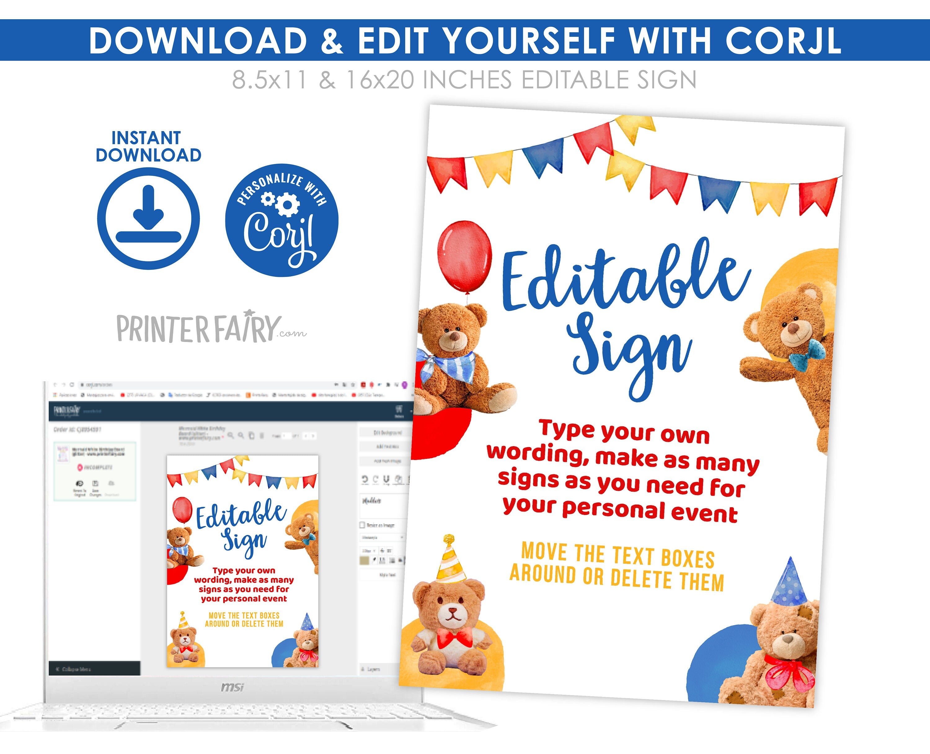 Bear Birthday Party Editable Welcome Sign (Digital Download)