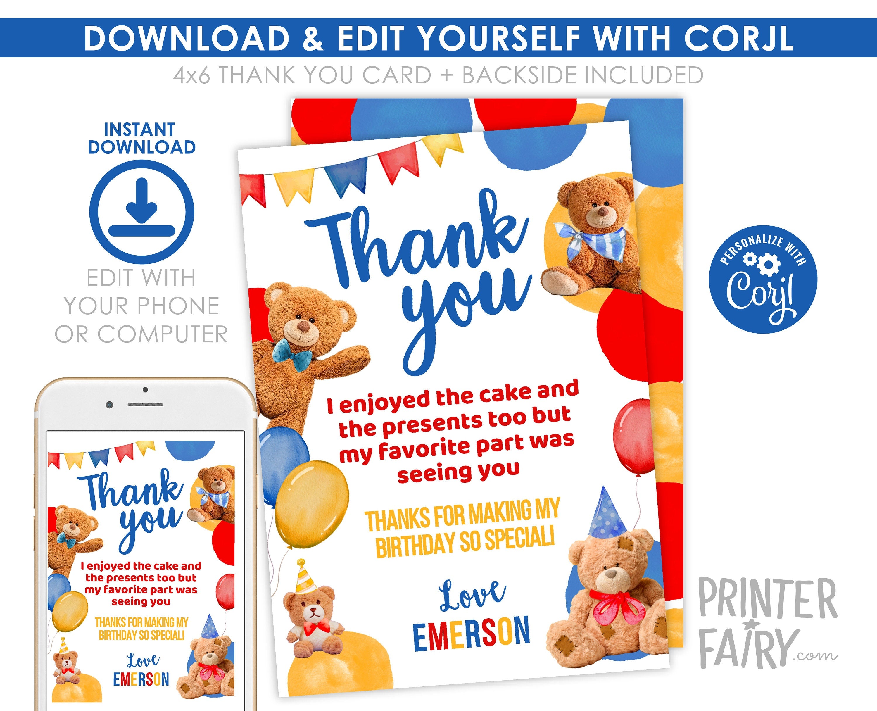 Bear Birthday Thank You Card, EDITABLE (Digital Download)