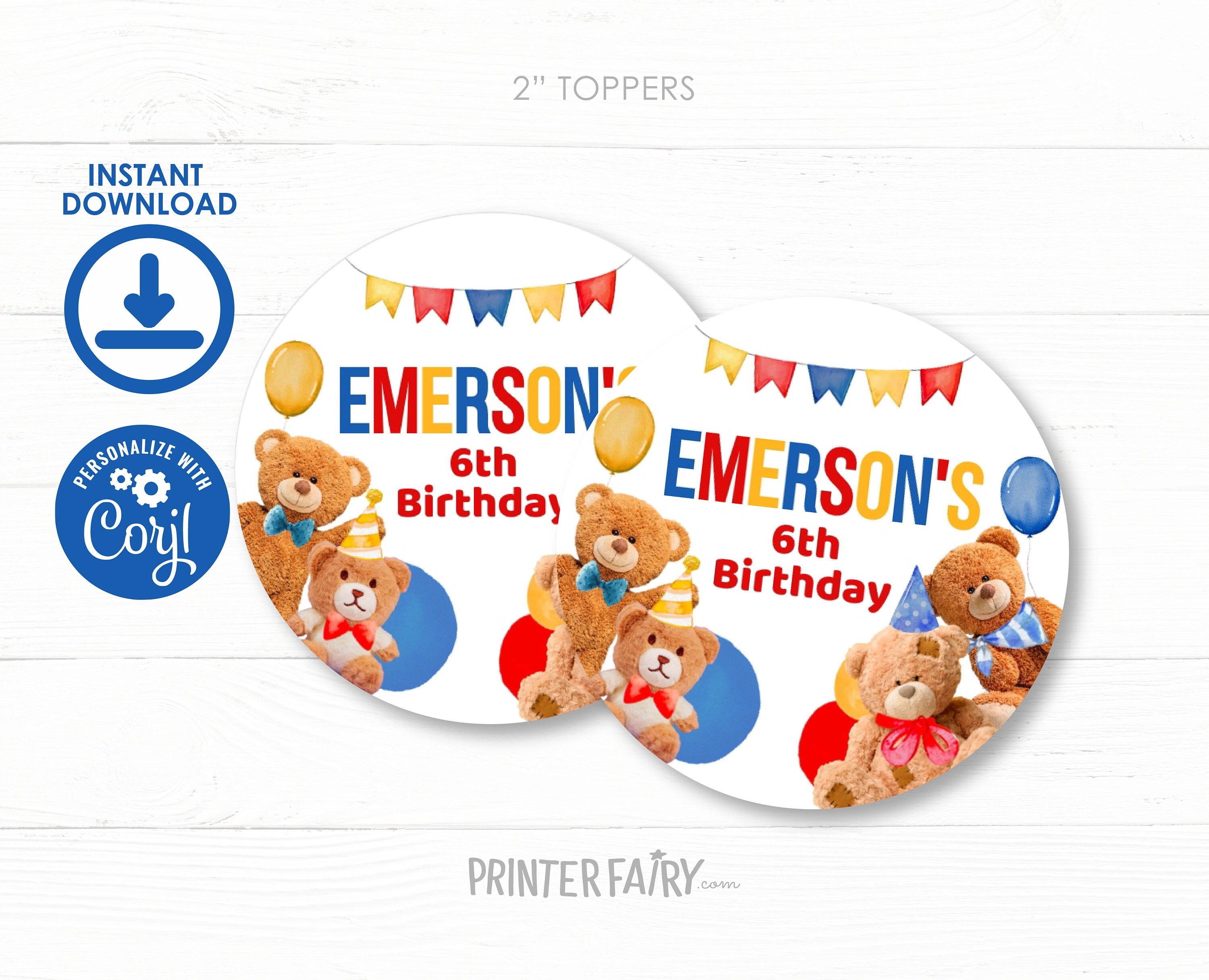 Editable Bear Birthday Cupcake Toppers, Teddy Bear Party (Digital Item)