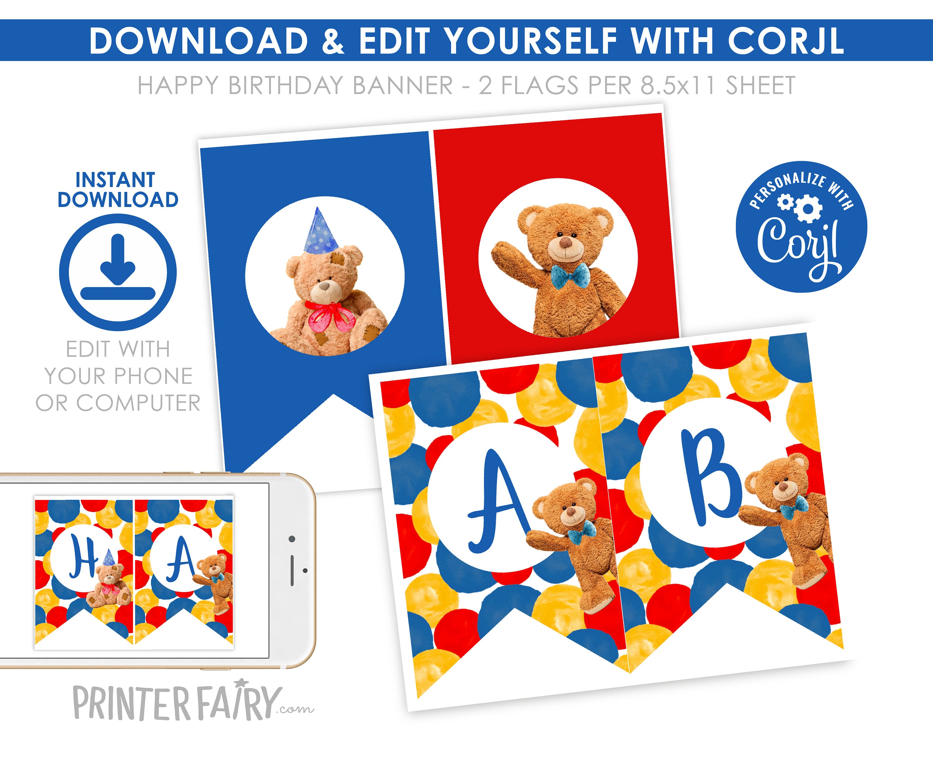 Bear Birthday Party Banner, Editable Garland (Digital Download)