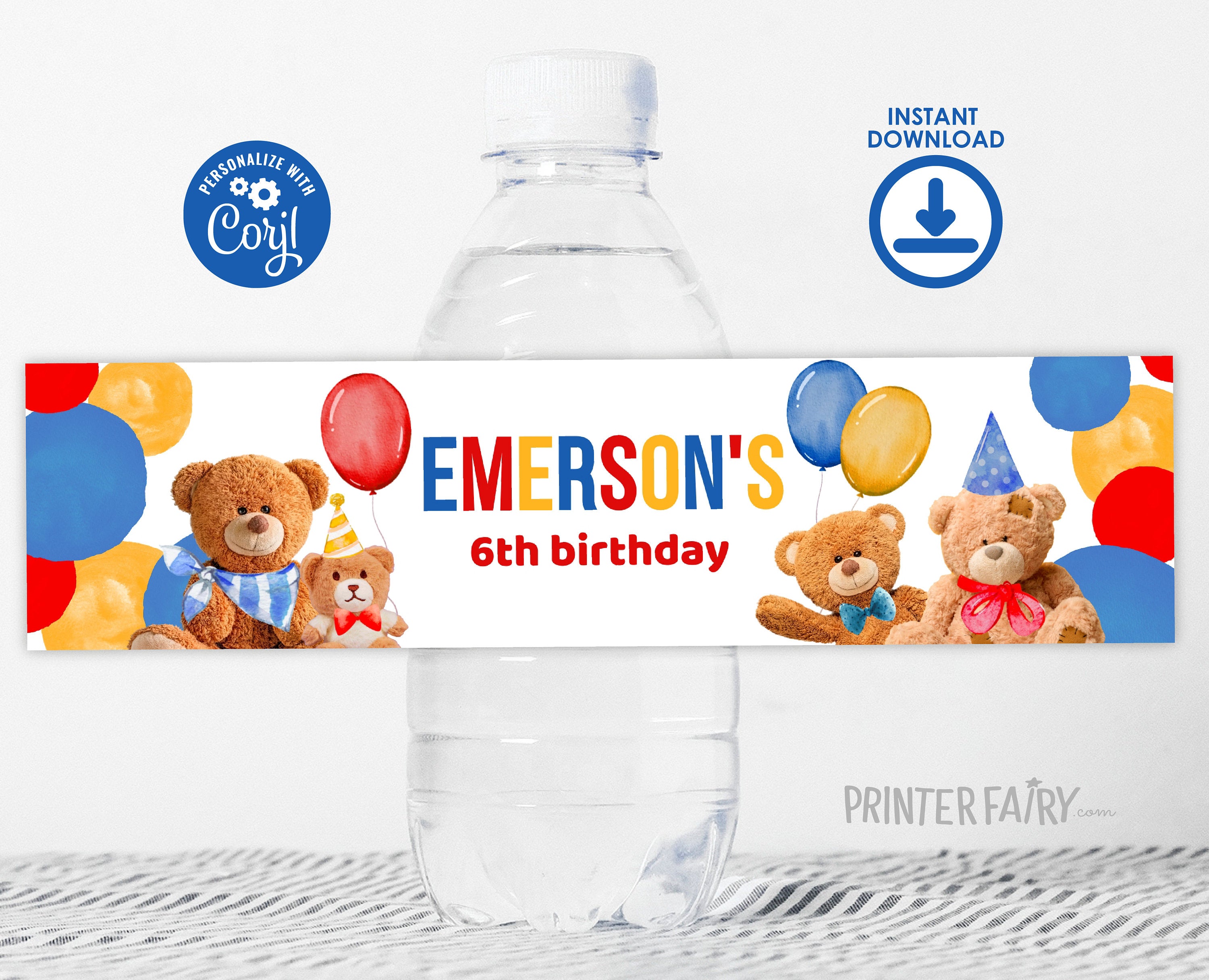 Bear Birthday Water Bottle Label, Editable Party Decor (Digital)