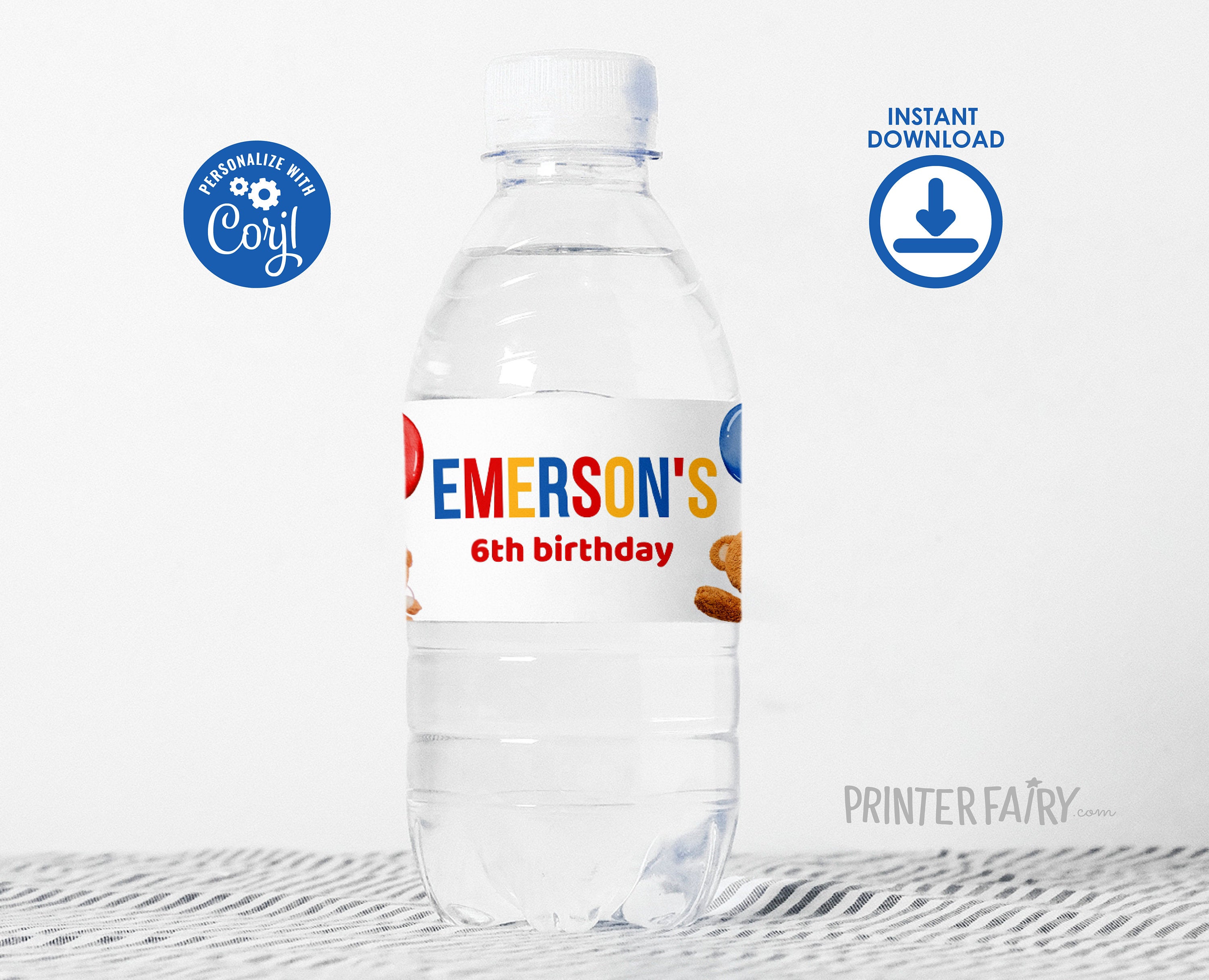 Bear Birthday Water Bottle Label, Editable Party Decor (Digital)
