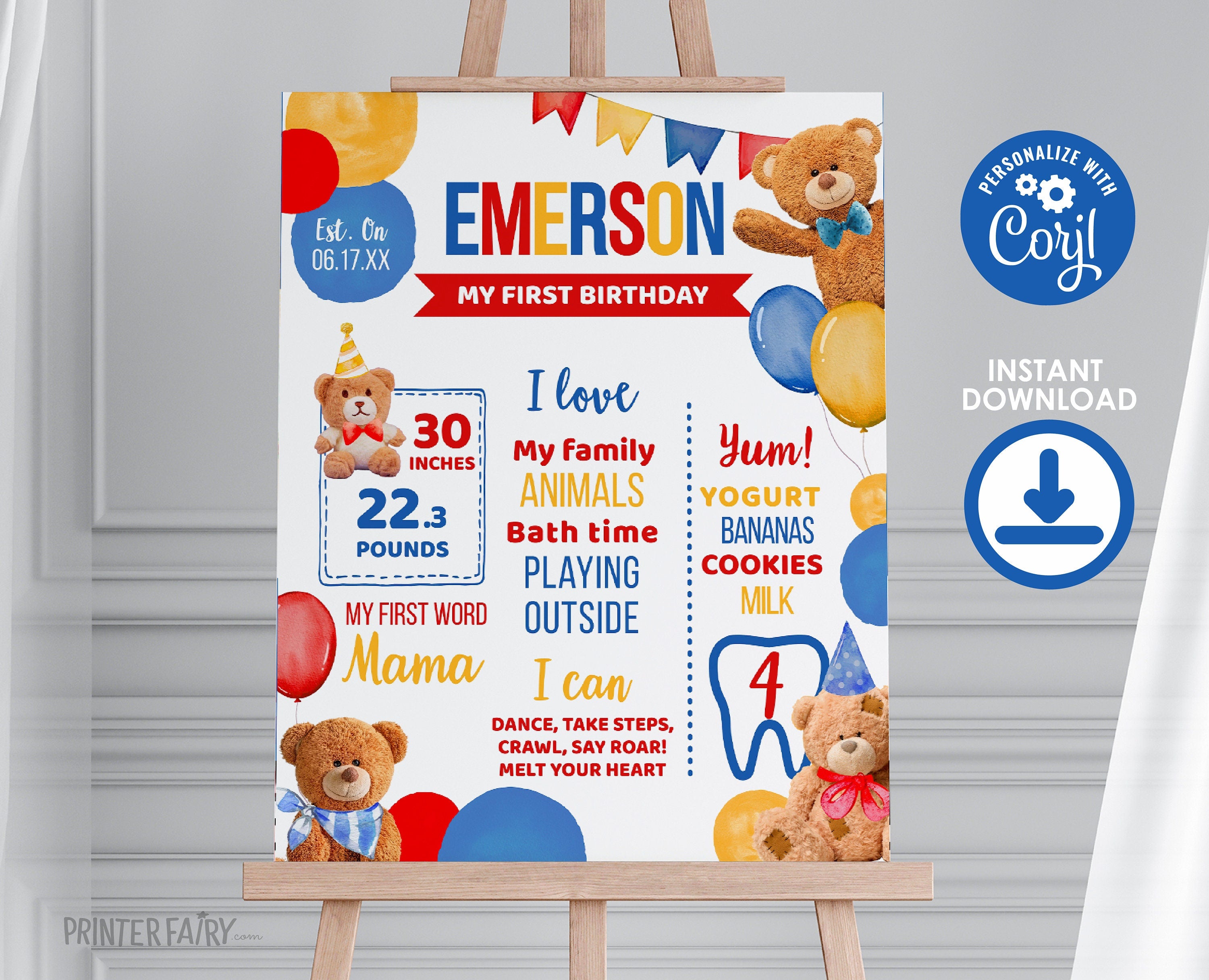 Bear First Birthday Stats Board, Teddy Bear Party (Editable Digital Item)