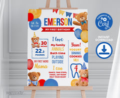 Bear First Birthday Stats Board, Teddy Bear Party (Editable Digital Item)