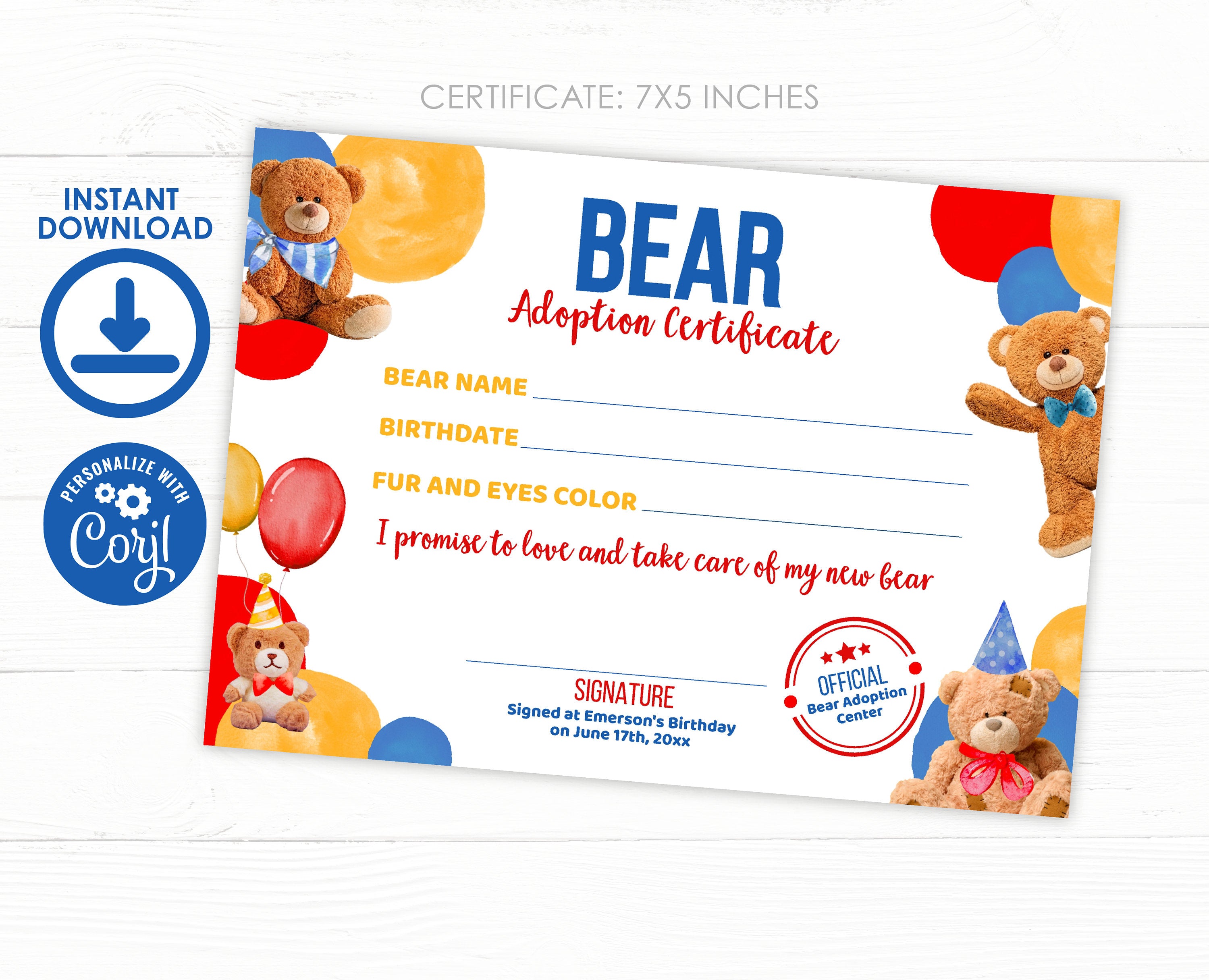 Bear Adoption Sign and Certificate, Editable Birthday Party Decor (Digital Download)