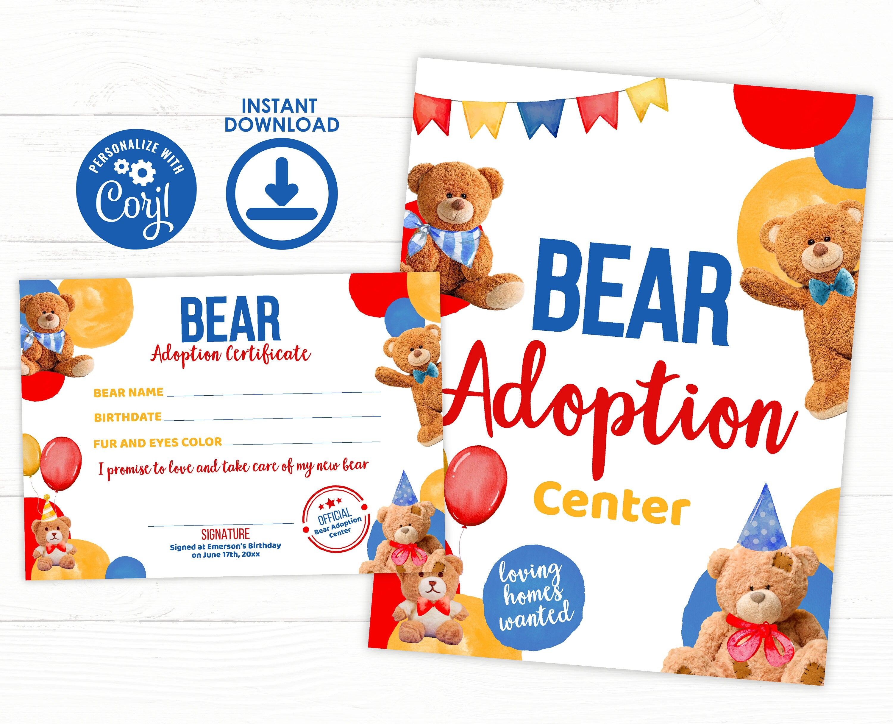 Bear Adoption Sign and Certificate, Editable Birthday Party Decor (Digital Download)