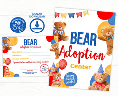 Bear Adoption Sign and Certificate, Editable Birthday Party Decor (Digital Download)