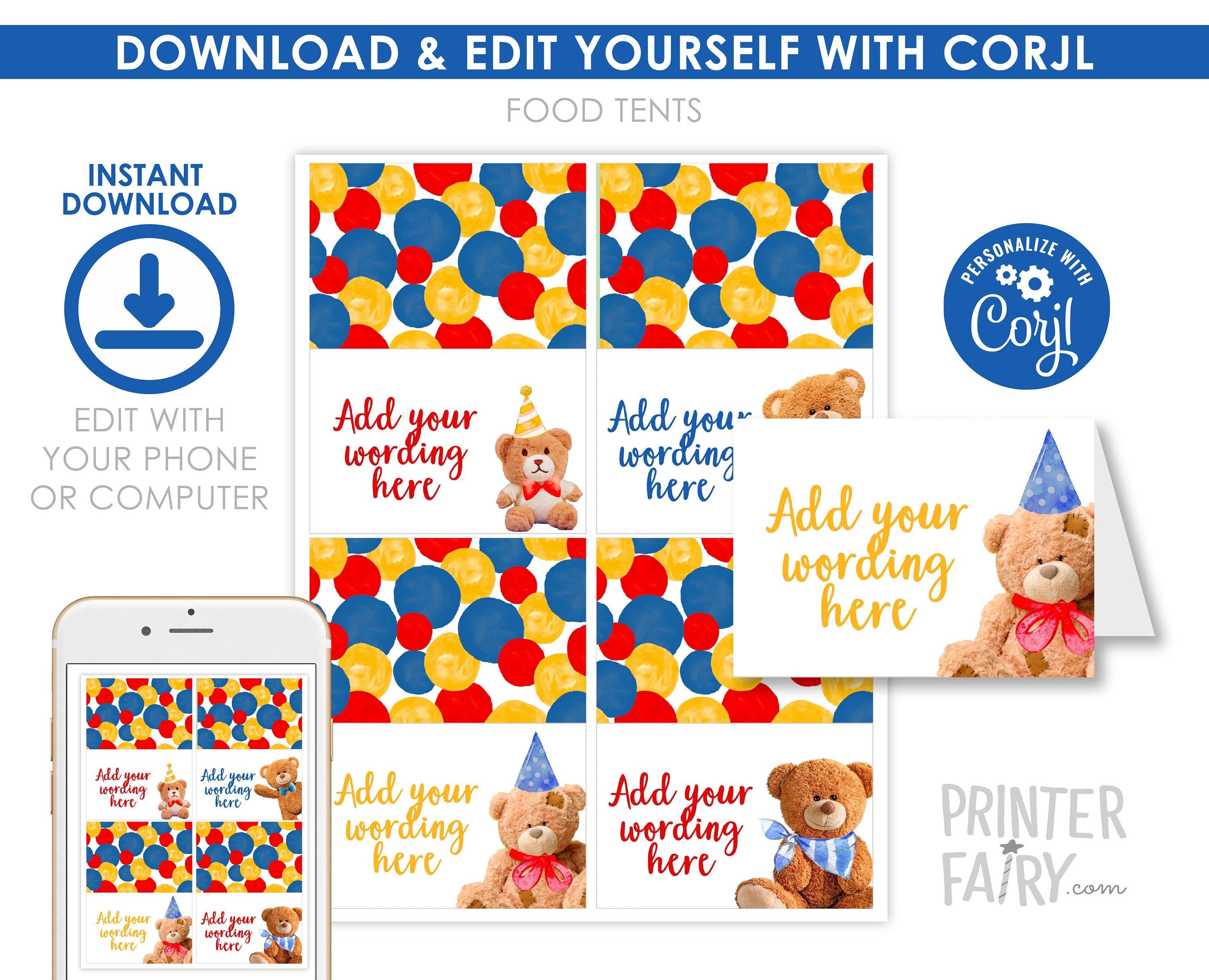 Editable Bear Birthday Party Food Tents, Teddy Bear Labels (Digital Download)
