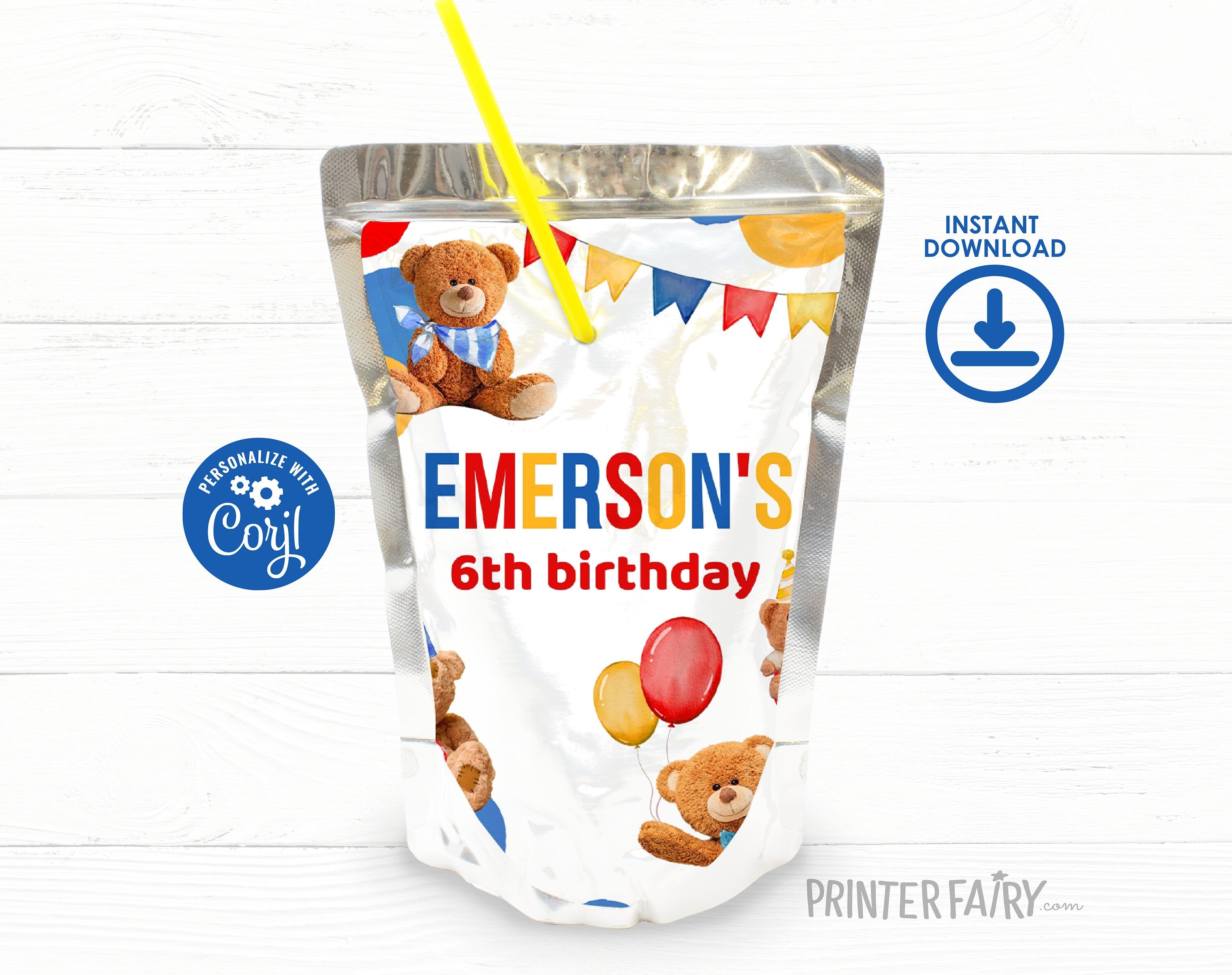 Teddy Bear Birthday Party Drink Pouch Label, EDITABLE (Digital Item)