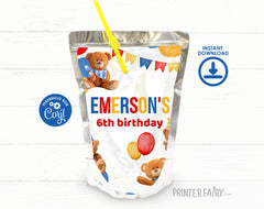 Teddy Bear Birthday Party Drink Pouch Label, EDITABLE (Digital Item)