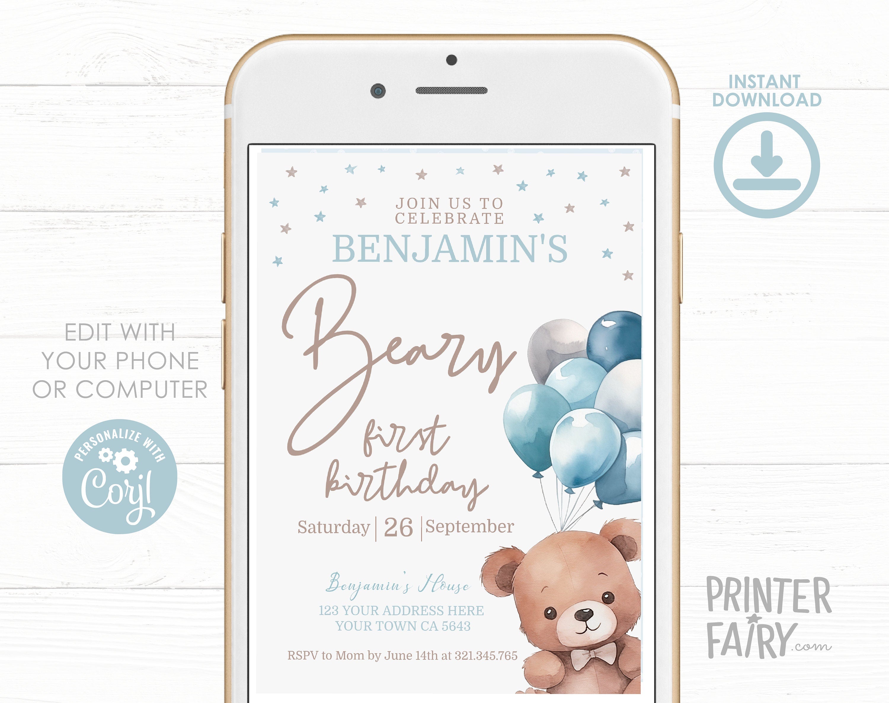 Teddy Bear First Birthday Invitation, EDITABLE (Digital)