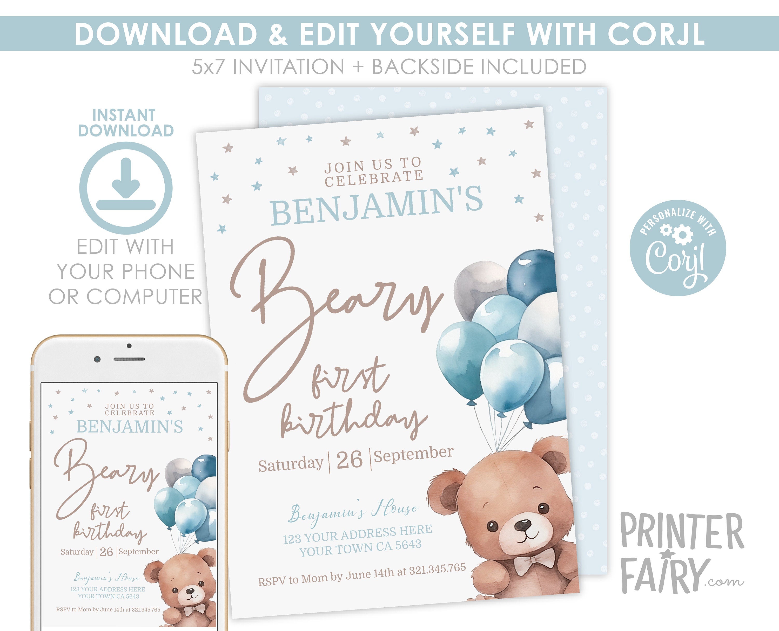Teddy Bear First Birthday Invitation, EDITABLE (Digital)