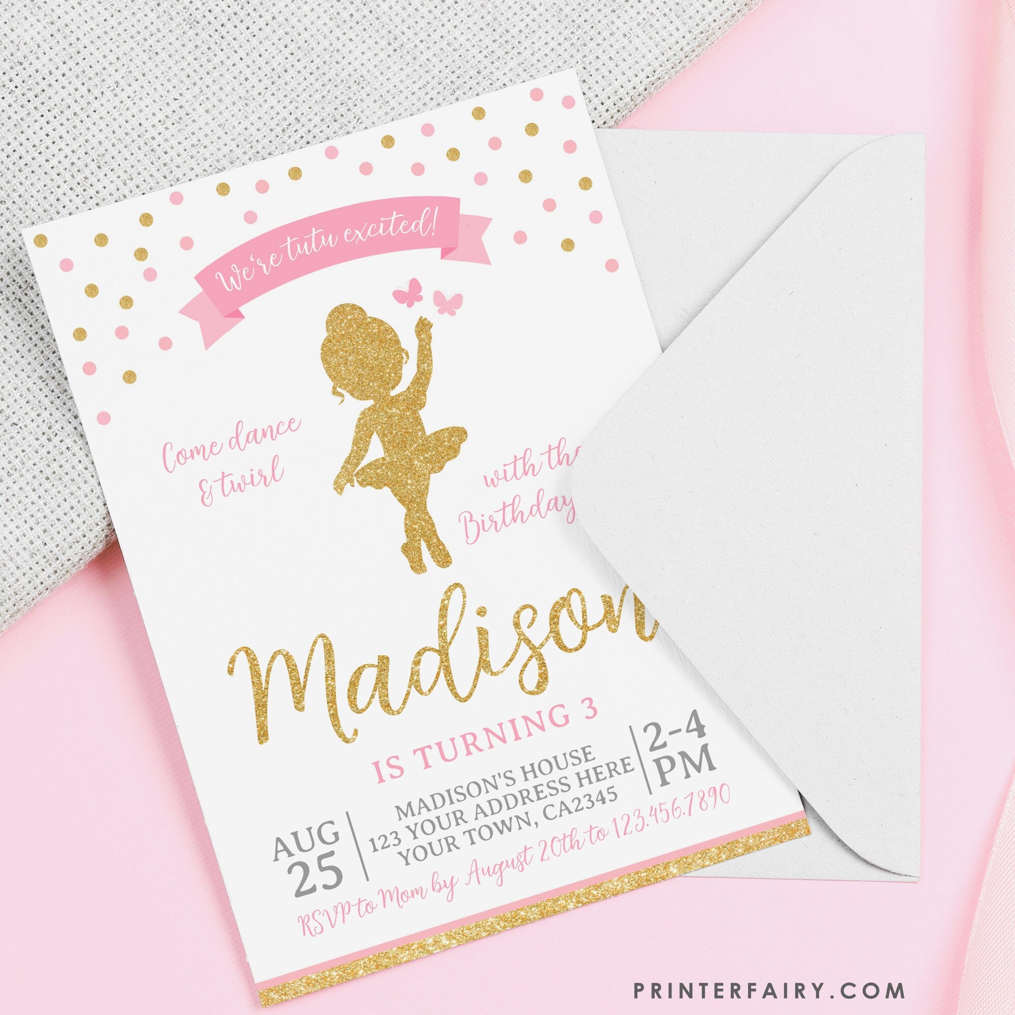 Ballerina Birthday Party Invitation Editable Template, Pink and Gold Theme, Instant Downlod