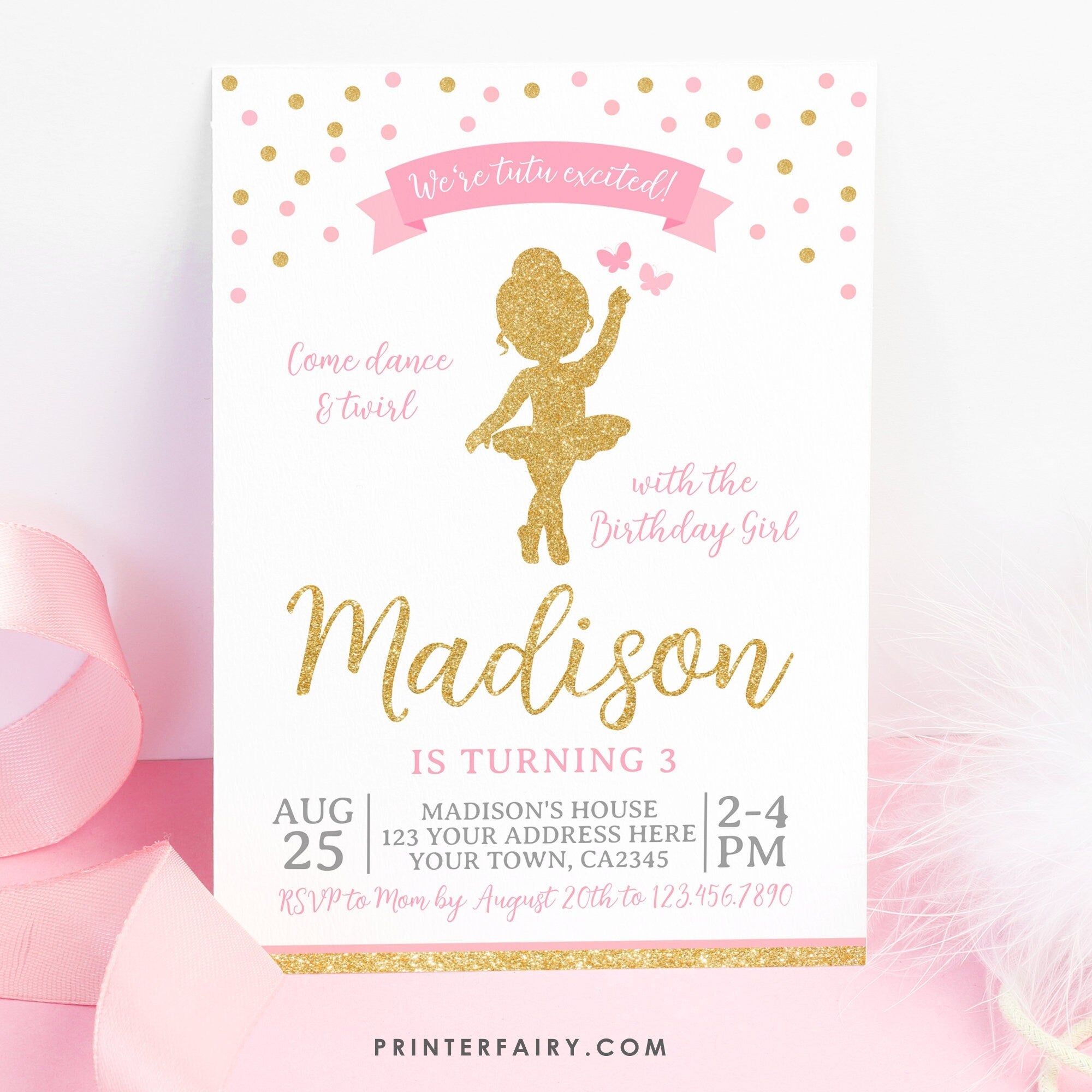 Ballerina Birthday Party Invitation Editable Template, Pink and Gold Theme, Instant Downlod