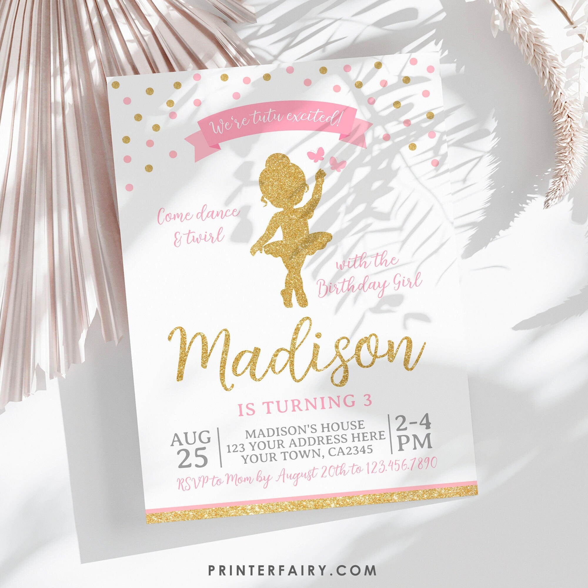 Ballerina Birthday Party Invitation Editable Template, Pink and Gold Theme, Instant Downlod
