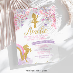 Editable Ballerina Unicorn Birthday Invitation, Magical Party (Instant Download)