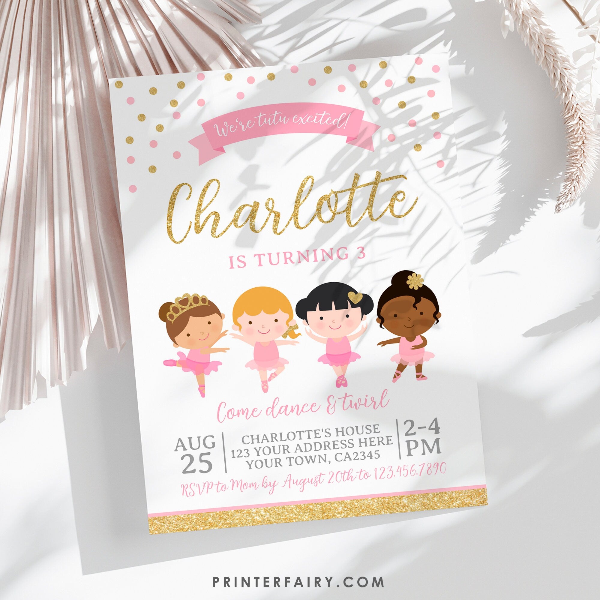 Editable Ballerina Birthday Invitation, Dance Party (Instant Download)