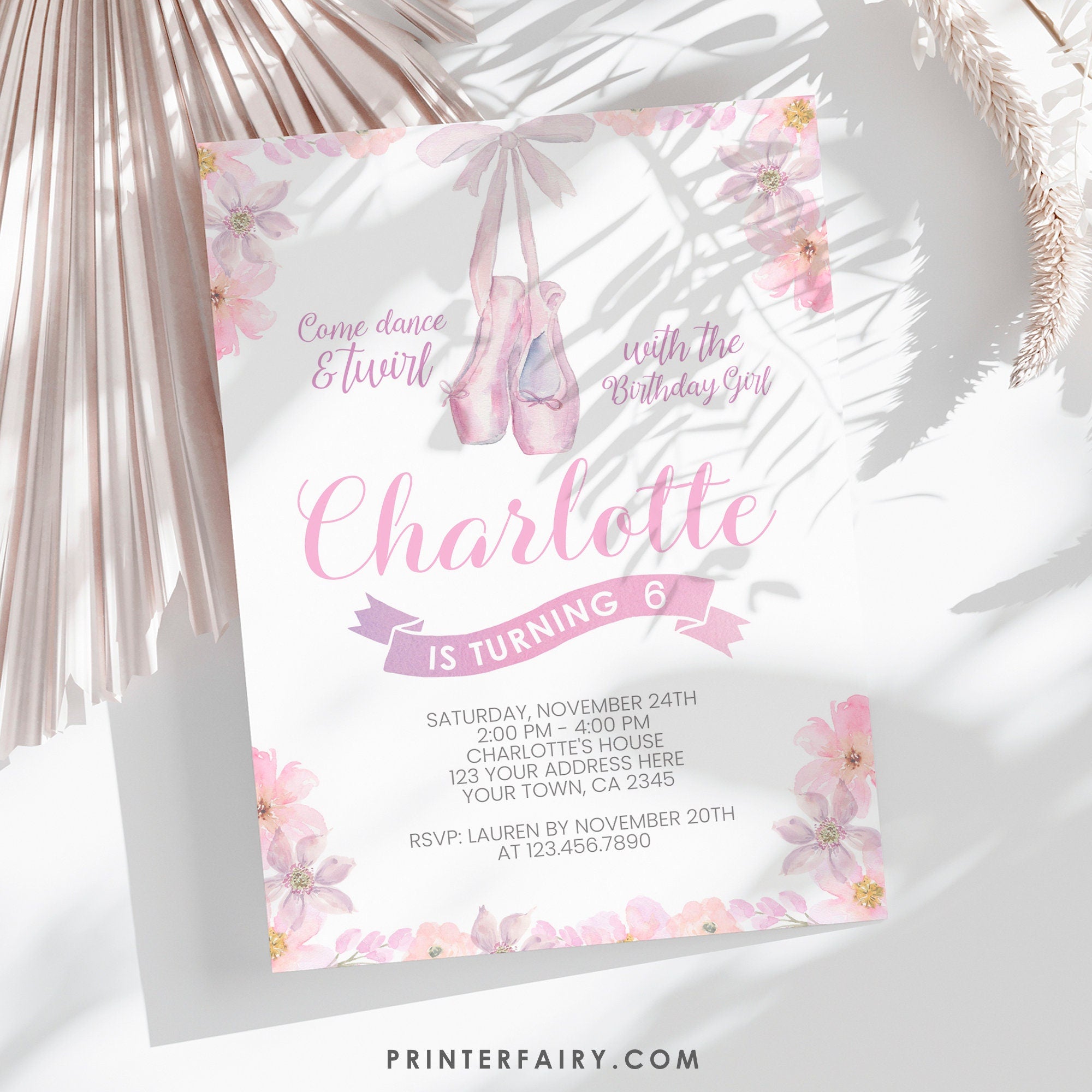 Ballerina Birthday Invitation Editable Template, Instant Download
