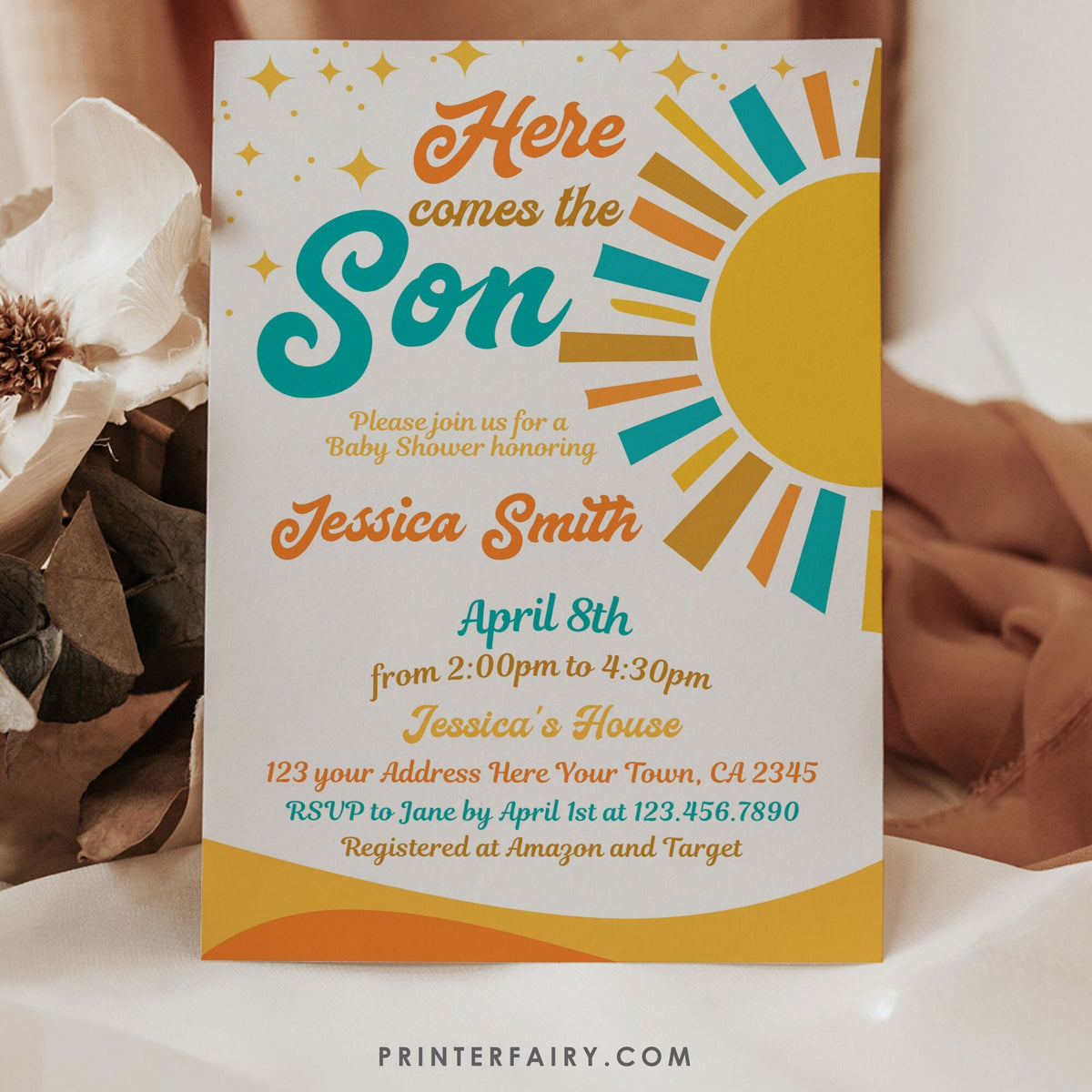 Here Comes the Sun Baby Shower Invitation, Boho Sunshine (Editable Template)