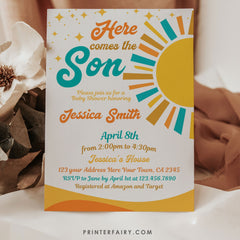 Here Comes the Sun Baby Shower Invitation, Boho Sunshine (Editable Template)