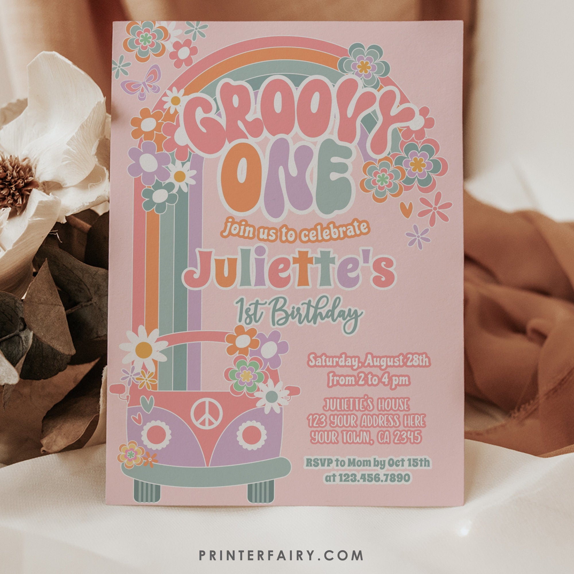 Editable Groovy One Birthday Invitation: 70s Floral Pastel Daisy Template (Digital Download)