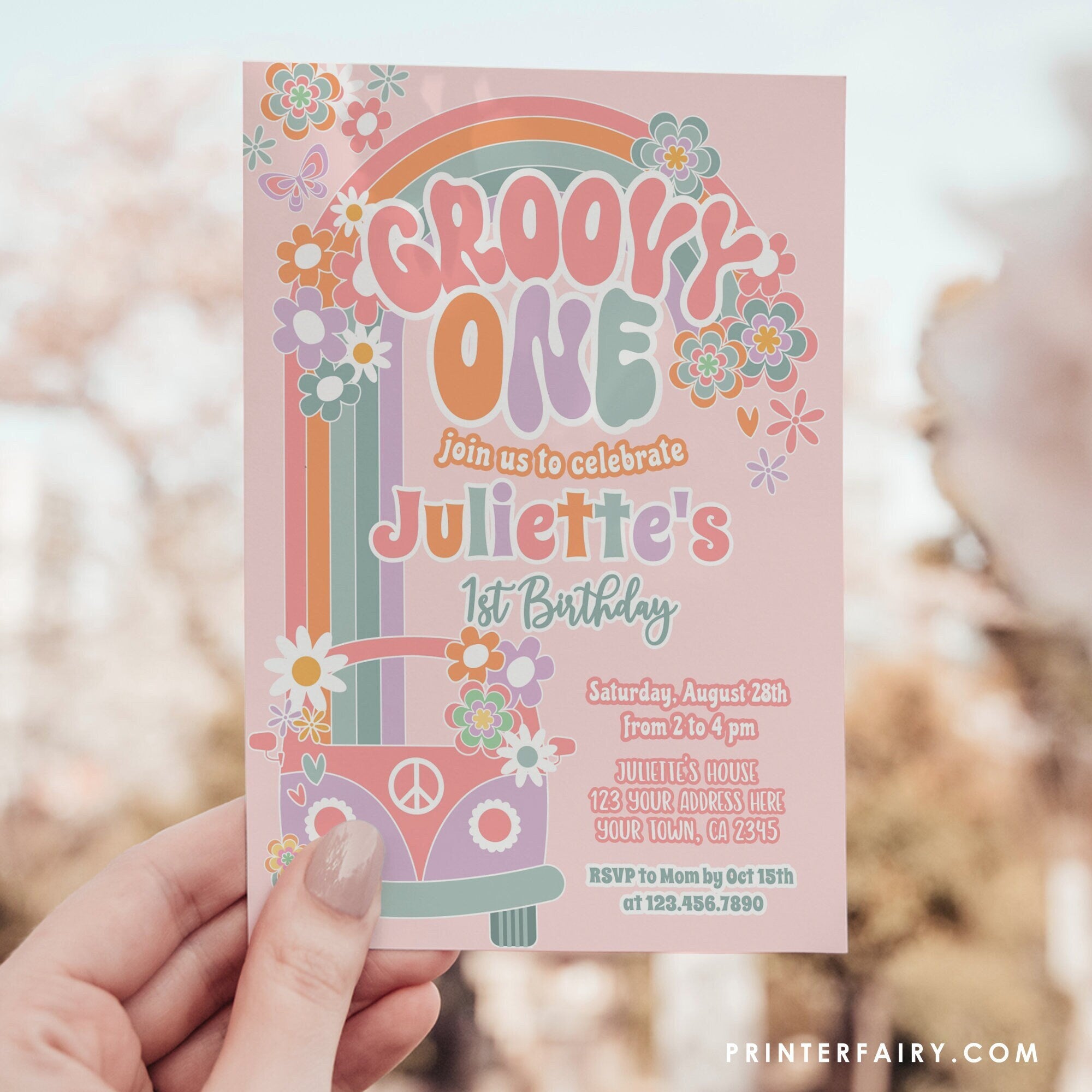 Editable Groovy One Birthday Invitation: 70s Floral Pastel Daisy Template (Digital Download)