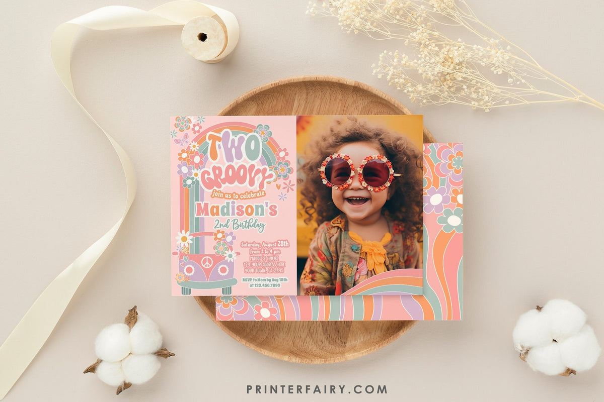 Two Groovy 2nd Birthday Invitation, Floral Daisy Rainbow (Digital Download)