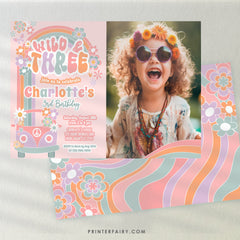 Wild and Three Birthday Invitation, 70s Hippie Rainbow, Photo Invite (Digital Download)