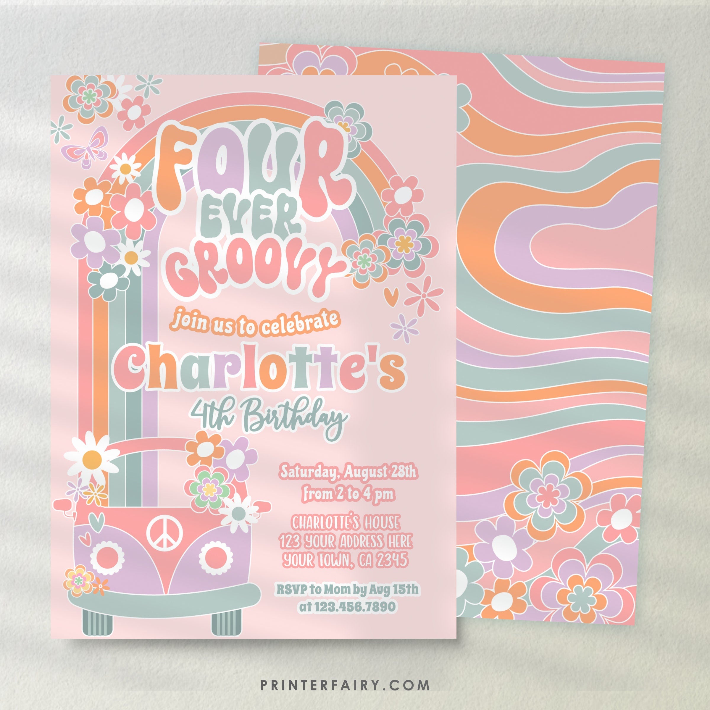 Groovy 3rd Birthday Invitation Editable Template, Daisy Rainbow Party (Digital Instant Download)