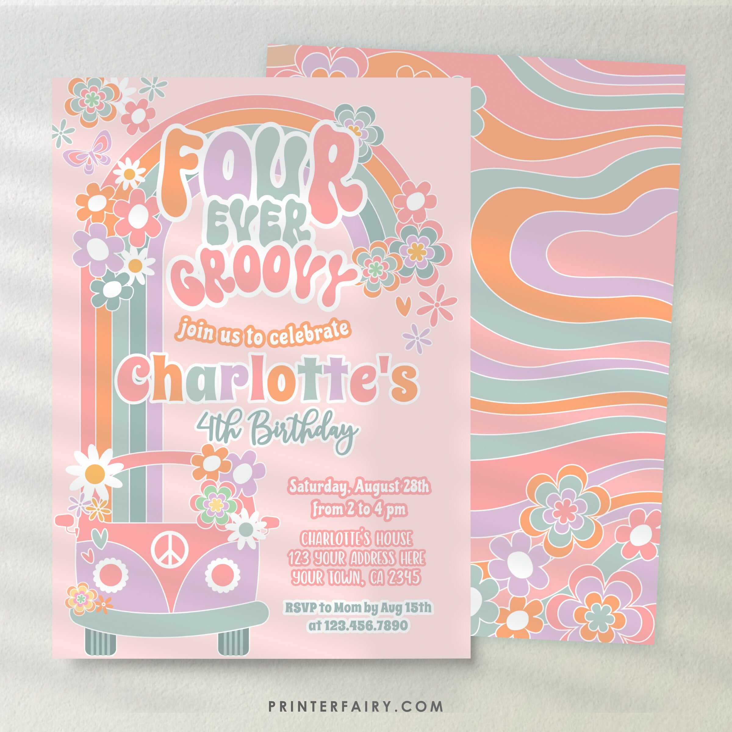 Groovy 3rd Birthday Invitation Editable Template, Daisy Rainbow Party (Digital Instant Download)