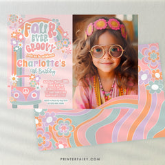 Four Ever Groovy 4th Birthday Invitation, 70s Hippie Rainbow (Digital Download)