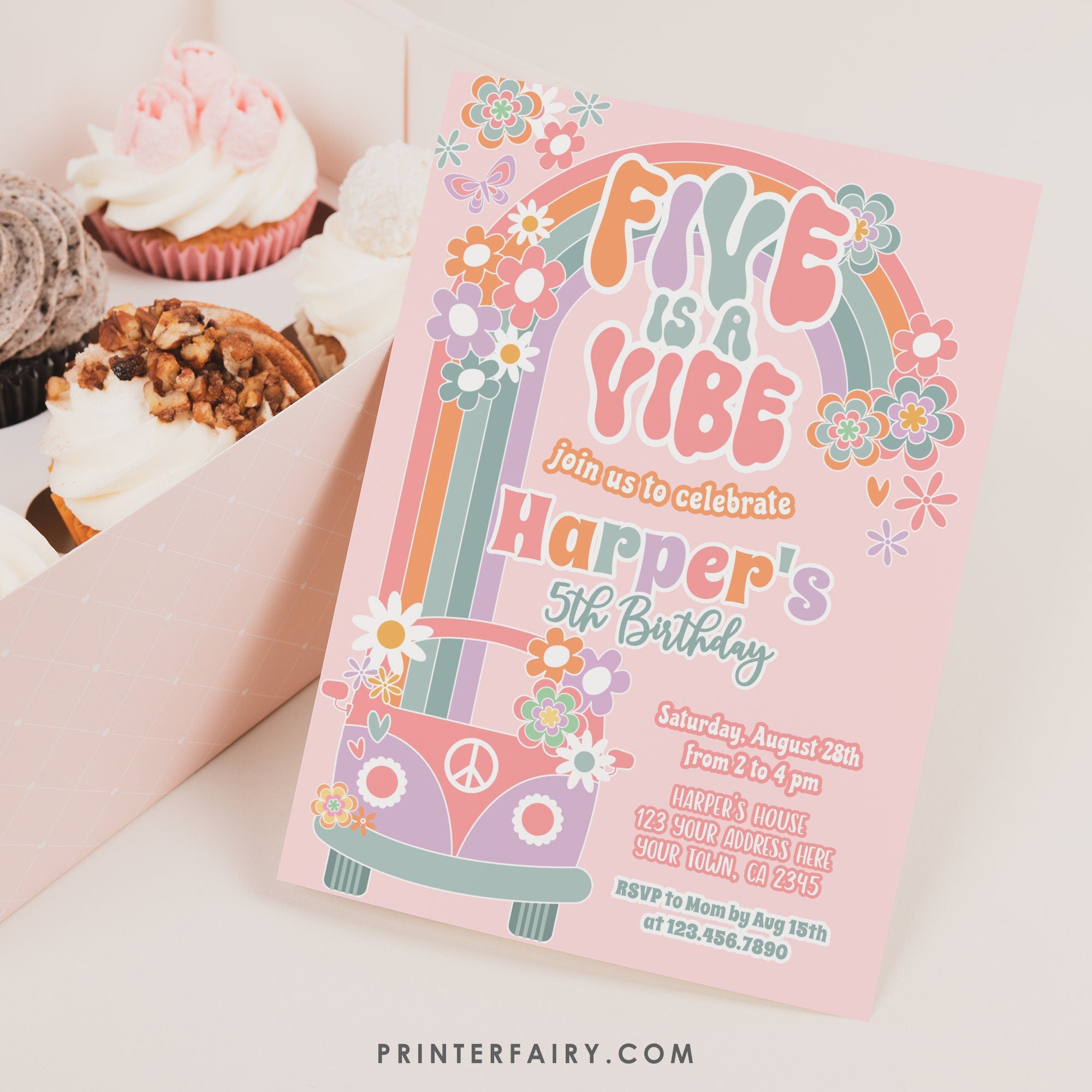 Groovy 5th Birthday Invitation, Daisy Rainbow Party (Digital Download)