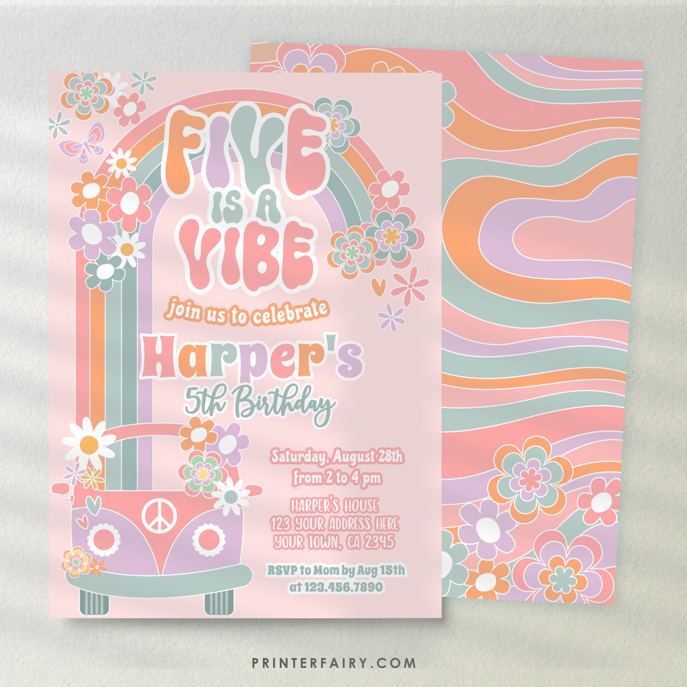 Groovy 5th Birthday Invitation, Daisy Rainbow Party (Digital Download)