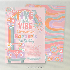 Groovy 5th Birthday Invitation, Daisy Rainbow Party (Digital Download)