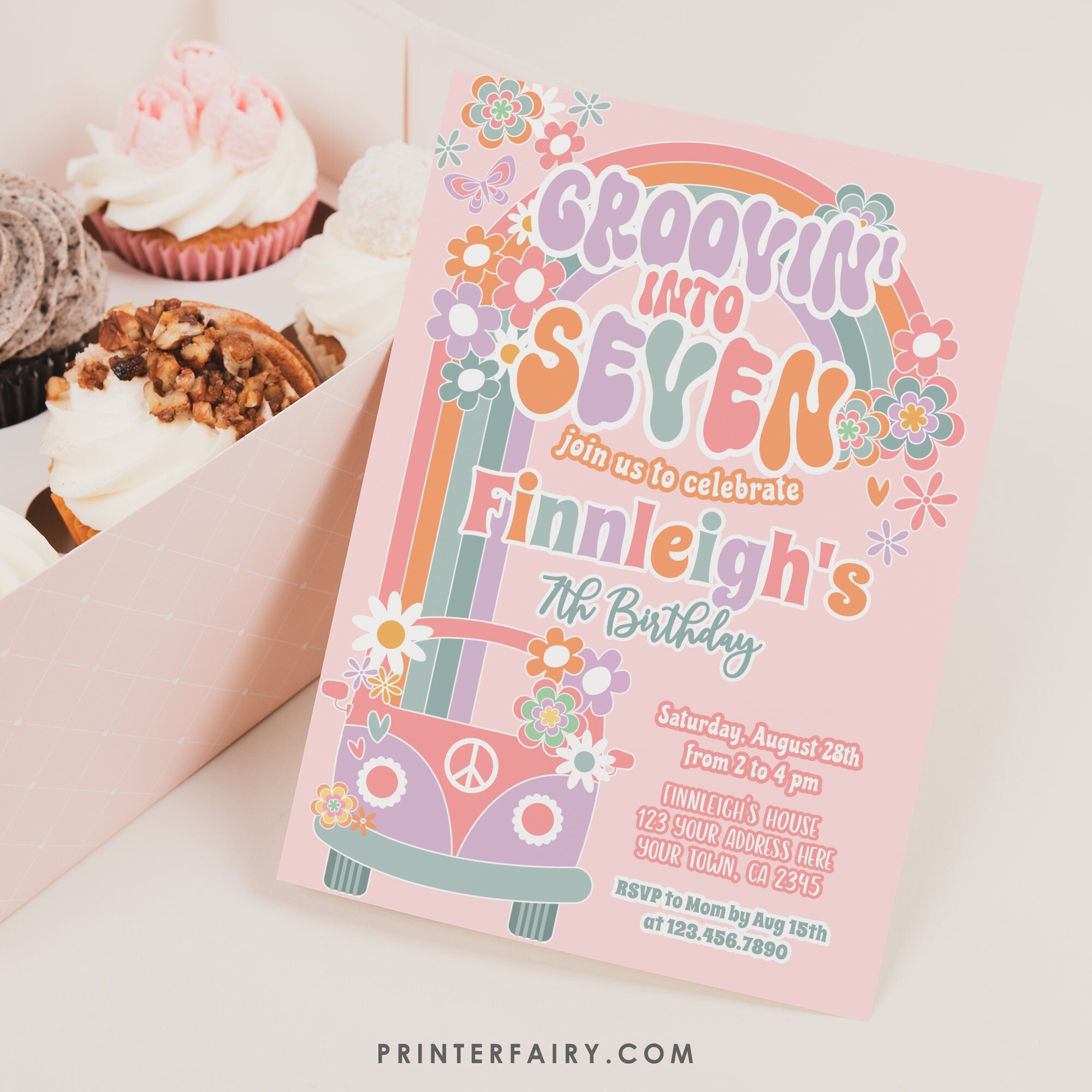 Groovin into Seven Invitation, 7th Birthday, 70s Hippie Party (Digital Instant Download)