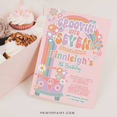 Groovin into Seven Invitation, 7th Birthday, 70s Hippie Party (Digital Instant Download)