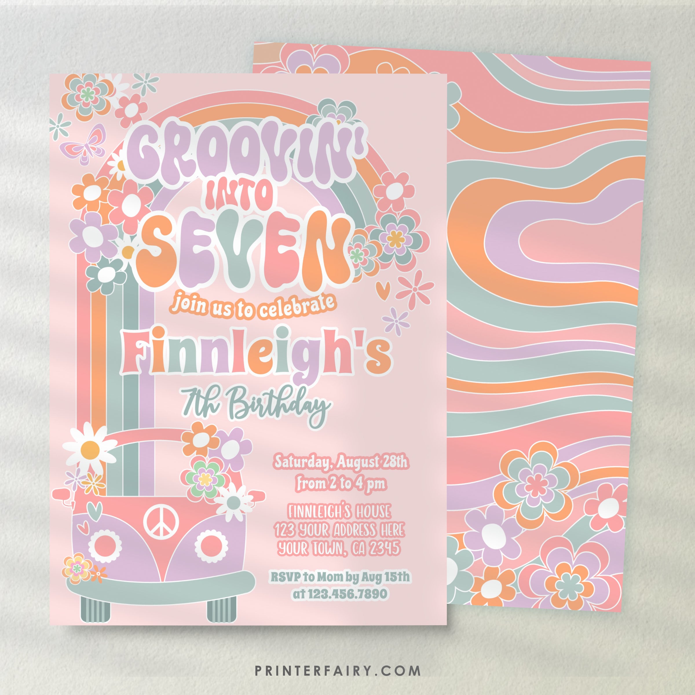 Groovin into Seven Invitation, 7th Birthday, 70s Hippie Party (Digital Instant Download)