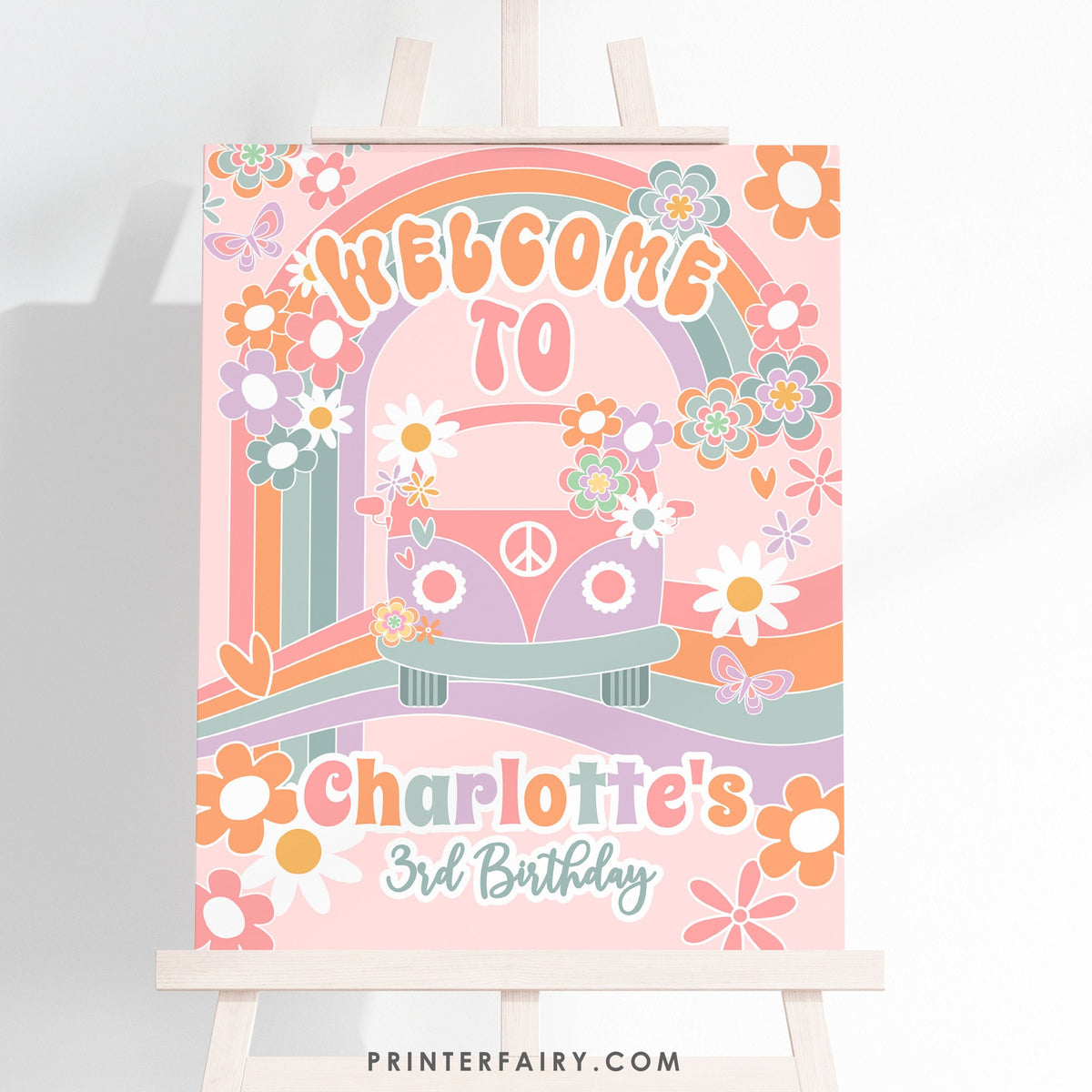Editable Groovy Birthday Welcome Sign, Hippie Rainbow Party (Digital Download)