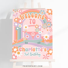 Editable Groovy Birthday Welcome Sign, Hippie Rainbow Party (Digital Download)