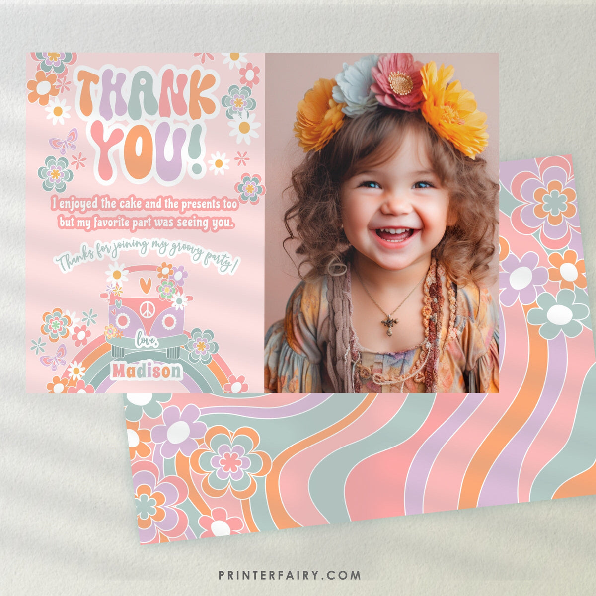 Groovy Birthday Thank You Card with Photo, Hippie Daisy (Digital Template)